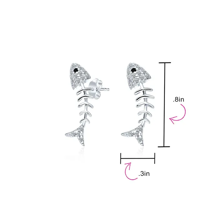 Earrings BlingJewelry Wholesale Nautical Beach Vacation CZ Stud Earrings Fishbone Design in Sterling Silver