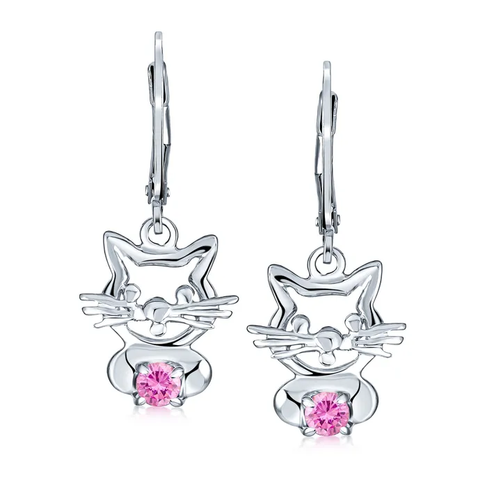 Earrings BlingJewelry Wholesale Small Kitty CZ Accent Dangle Chandelier Earrings Pink Blue Cat Studs Sterling Silver