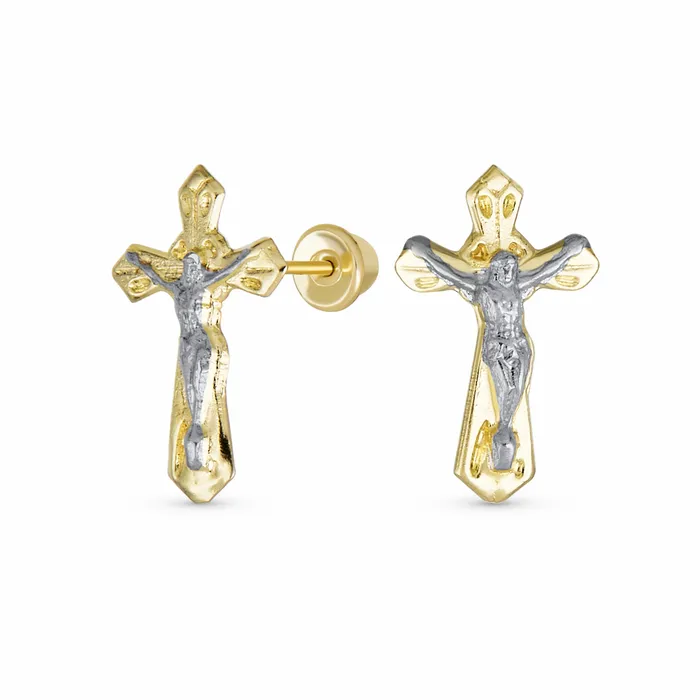 Earrings BlingJewelry Wholesale Tiny Christian Jesus Crucifix 14K Gold Stud Earrings with Safety Screw Back Earrings BlingJewelry Wholesale Tiny Christian Jesus Crucifix 14K Gold Stud Earrings with Safety Screw Back