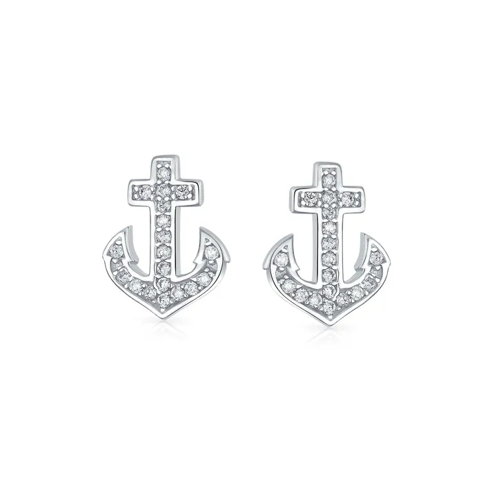 Earrings BlingJewelry Wholesale Whimsical Nautical CZ Stud Earrings with Boat Anchor Pave Cubic Zirconia Sterling Silver