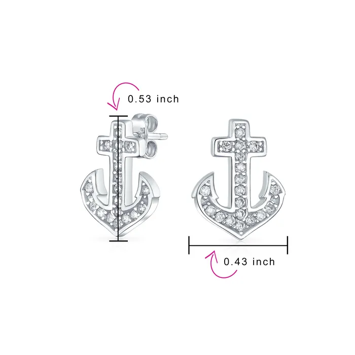 Earrings BlingJewelry Wholesale Whimsical Nautical CZ Stud Earrings with Boat Anchor Pave Cubic Zirconia Sterling Silver