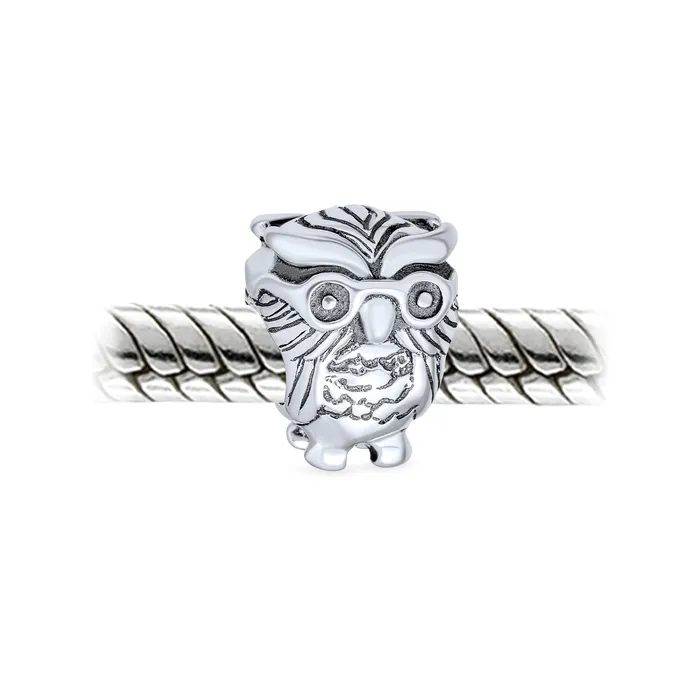 Earrings BlingJewelry Wholesale Wise Graduate Owl Bird Charm Bead for Students in Oxidized Sterling Silver