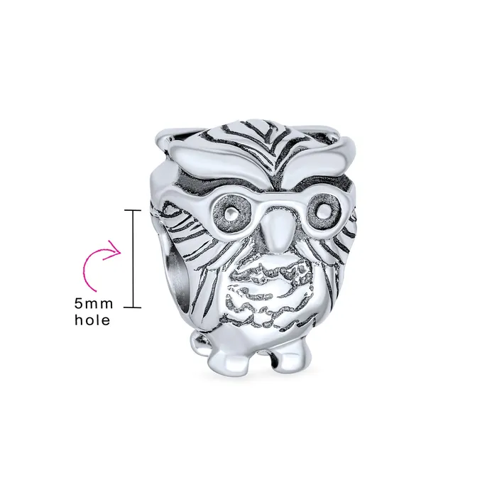 Earrings BlingJewelry Wholesale Wise Graduate Owl Bird Charm Bead for Students in Oxidized Sterling Silver