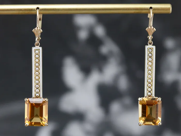 Earrings Market Square Jewelers Enamel Citrine and Seed Pearl Drop Earrings