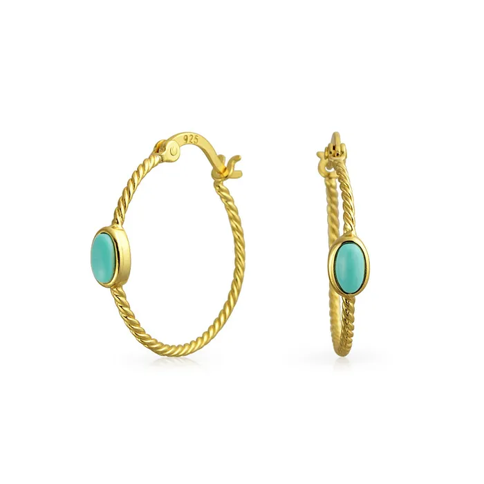 Earrings Twisted Cable Hoop Huggie Earrings with Turquoise 14K Gold Plated Sterling Silver BlingJewelry Wholesale Earrings Twisted Cable Hoop Huggie Earrings with Turquoise 14K Gold Plated Sterling Silver BlingJewelry Wholesale