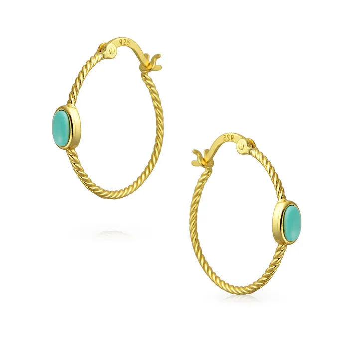 Earrings Twisted Cable Hoop Huggie Earrings with Turquoise 14K Gold Plated Sterling Silver BlingJewelry Wholesale