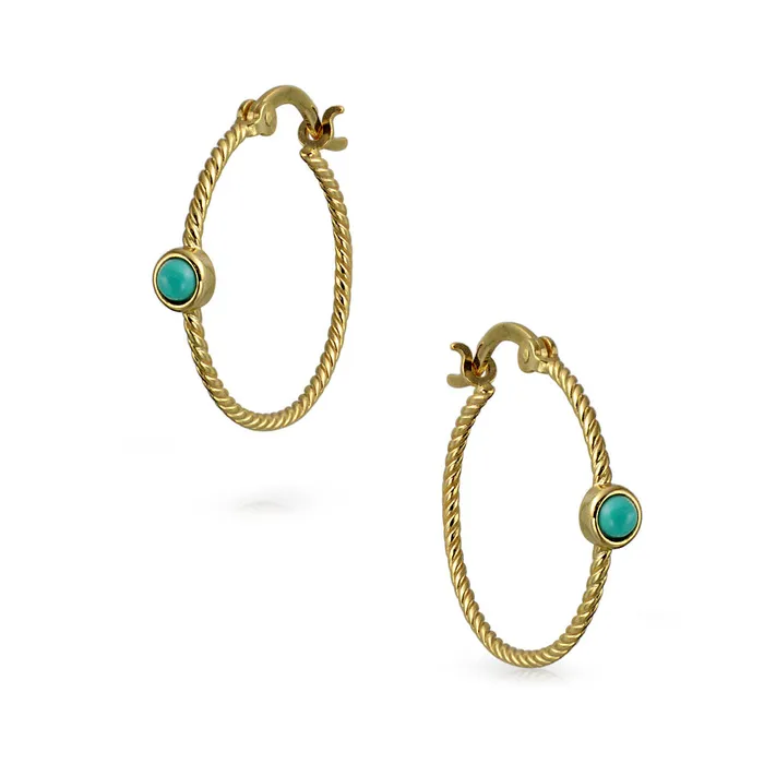 Earrings Twisted Cable Hoop Huggie Earrings with Turquoise 14K Gold Plated Sterling Silver BlingJewelry Wholesale