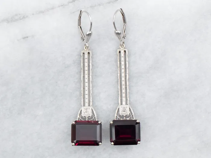 East to West Rhodolite Garnet and Diamond Drop Earrings Market Square Jewelers Earrings