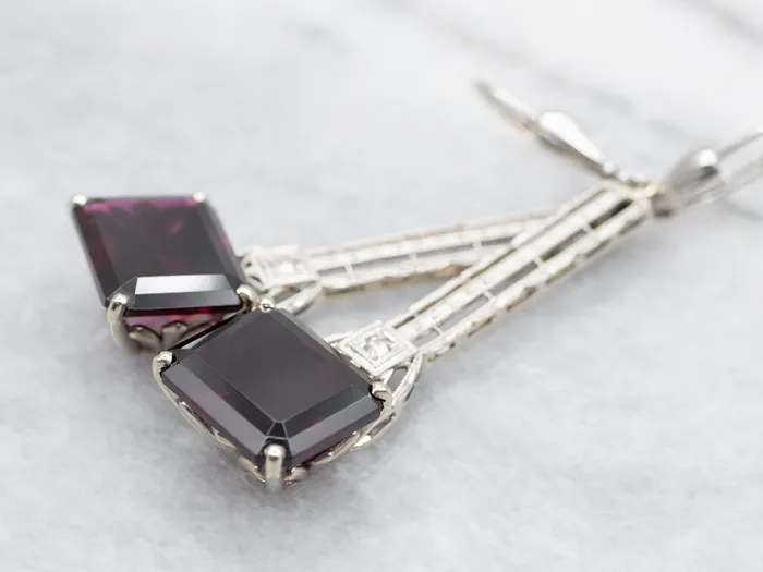 East to West Rhodolite Garnet and Diamond Drop Earrings Market Square Jewelers Earrings