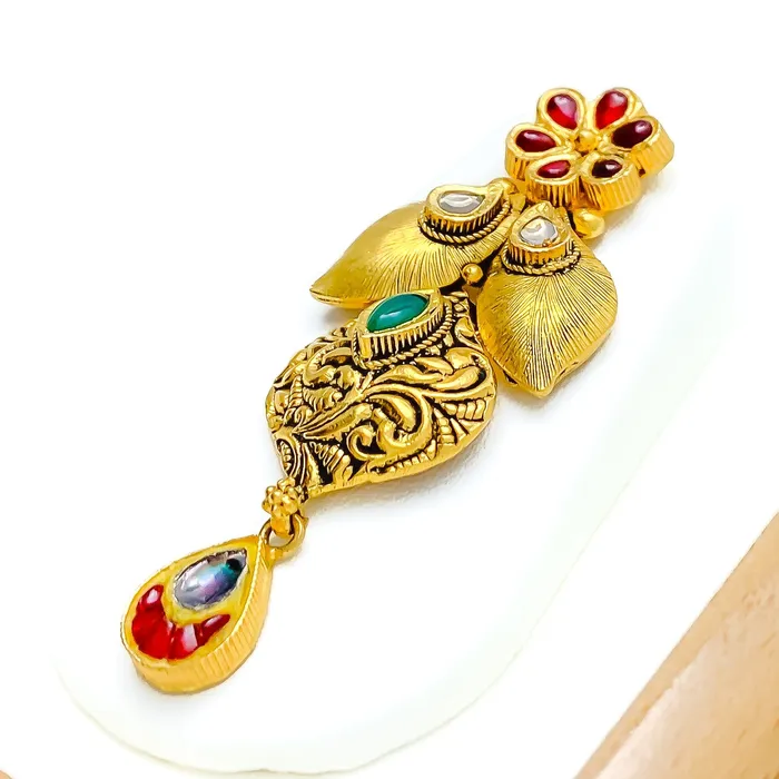 Engraved Floral 22k Gold Kundan Hanging Earrings Andaaz Jewelers Earrings