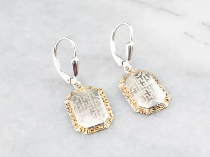 Etched Two Tone Gold Drop Earrings Market Square Jewelers Earrings Etched Two Tone Gold Drop Earrings Market Square Jewelers Earrings