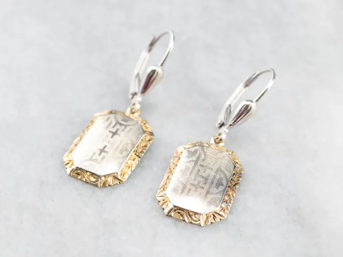 Etched Two Tone Gold Drop Earrings Market Square Jewelers Earrings Etched Two Tone Gold Drop Earrings Market Square Jewelers Earrings
