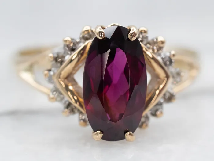 Glittering Yellow Gold Rhodolite Garnet and Diamond Ring Market Square Jewelers Rings Glittering Yellow Gold Rhodolite Garnet and Diamond Ring Market Square Jewelers Rings