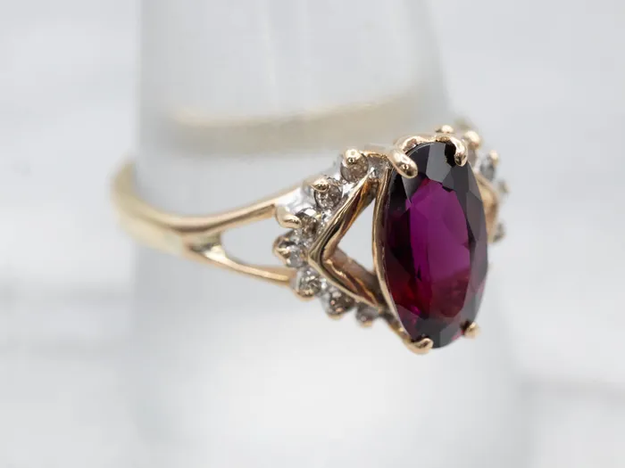 Glittering Yellow Gold Rhodolite Garnet and Diamond Ring Market Square Jewelers Rings Glittering Yellow Gold Rhodolite Garnet and Diamond Ring Market Square Jewelers Rings