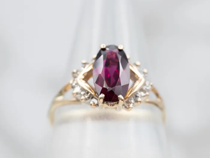Glittering Yellow Gold Rhodolite Garnet and Diamond Ring Market Square Jewelers Rings Glittering Yellow Gold Rhodolite Garnet and Diamond Ring Market Square Jewelers Rings