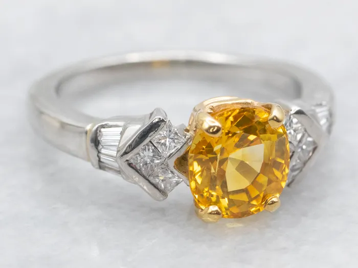 Golden Sapphire and Platinum Ladies Luxury Ring with Diamond Highlights Market Square Jewelers Rings