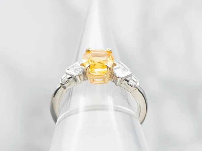 Golden Sapphire and Platinum Ladies Luxury Ring with Diamond Highlights Market Square Jewelers Rings