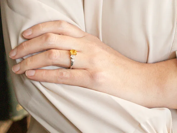 Golden Sapphire and Platinum Ladies Luxury Ring with Diamond Highlights Market Square Jewelers Rings