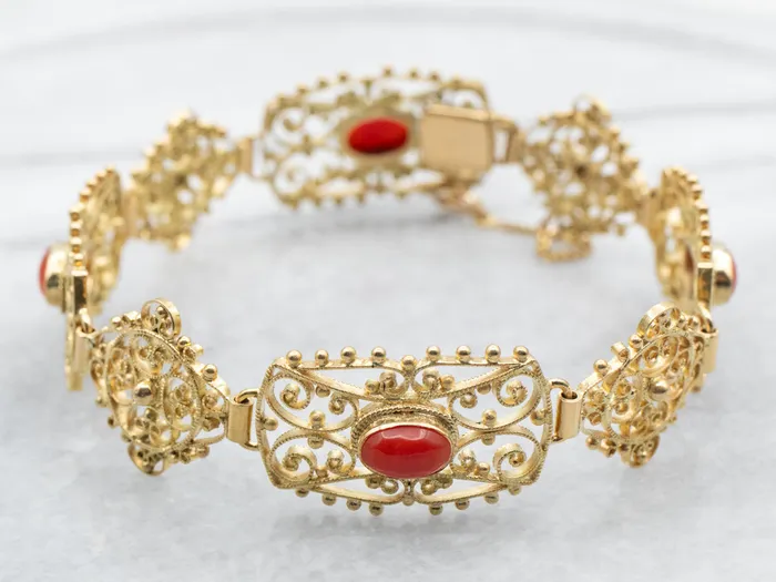 Market Square Jewelers Bracelets Yellow Gold Handmade Oval Cut Coral Filigree Link Bracelet Market Square Jewelers Bracelets Yellow Gold Handmade Oval Cut Coral Filigree Link Bracelet