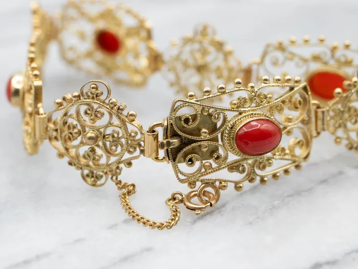 Market Square Jewelers Bracelets Yellow Gold Handmade Oval Cut Coral Filigree Link Bracelet Market Square Jewelers Bracelets Yellow Gold Handmade Oval Cut Coral Filigree Link Bracelet