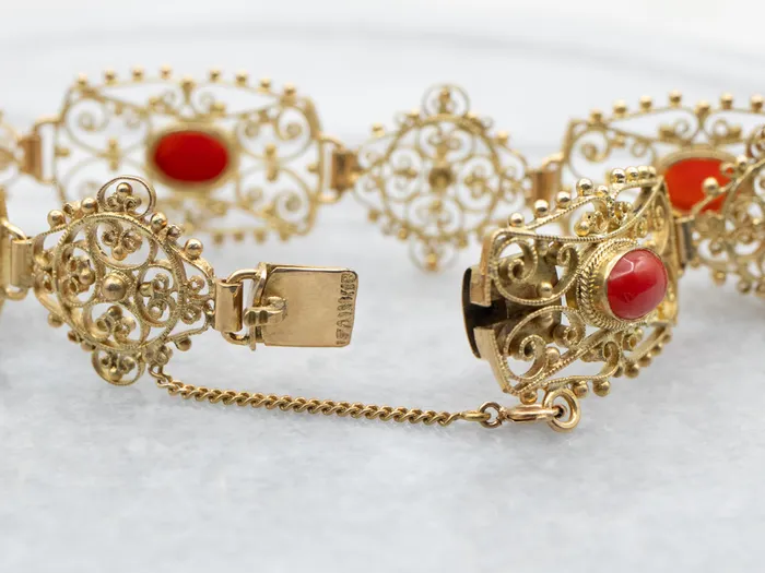 Market Square Jewelers Bracelets Yellow Gold Handmade Oval Cut Coral Filigree Link Bracelet Market Square Jewelers Bracelets Yellow Gold Handmade Oval Cut Coral Filigree Link Bracelet