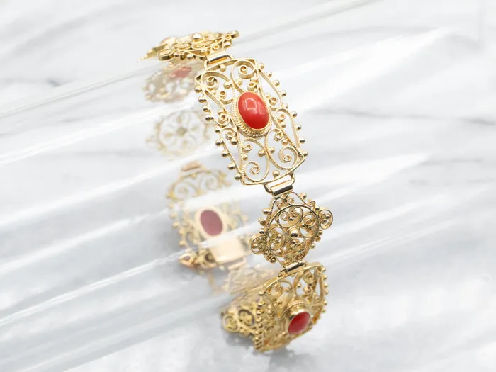 Market Square Jewelers Bracelets Yellow Gold Handmade Oval Cut Coral Filigree Link Bracelet Market Square Jewelers Bracelets Yellow Gold Handmade Oval Cut Coral Filigree Link Bracelet