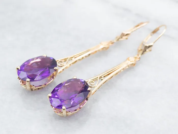 Market Square Jewelers Earrings Long Scrolling Gold Amethyst Drop Earrings Market Square Jewelers Earrings Long Scrolling Gold Amethyst Drop Earrings