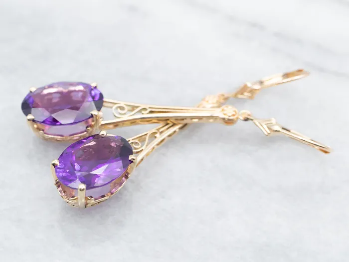 Market Square Jewelers Earrings Long Scrolling Gold Amethyst Drop Earrings Market Square Jewelers Earrings Long Scrolling Gold Amethyst Drop Earrings