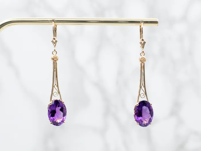 Market Square Jewelers Earrings Long Scrolling Gold Amethyst Drop Earrings Market Square Jewelers Earrings Long Scrolling Gold Amethyst Drop Earrings