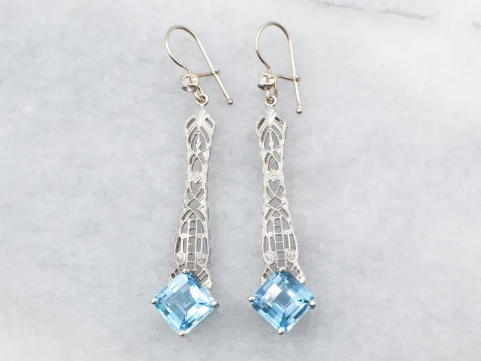 Market Square Jewelers Earrings White Gold Blue Topaz Filigree Drop Earrings with Diamond Accent Market Square Jewelers Earrings White Gold Blue Topaz Filigree Drop Earrings with Diamond Accent