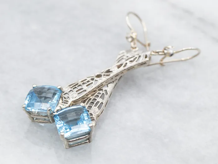 Market Square Jewelers Earrings White Gold Blue Topaz Filigree Drop Earrings with Diamond Accent Market Square Jewelers Earrings White Gold Blue Topaz Filigree Drop Earrings with Diamond Accent