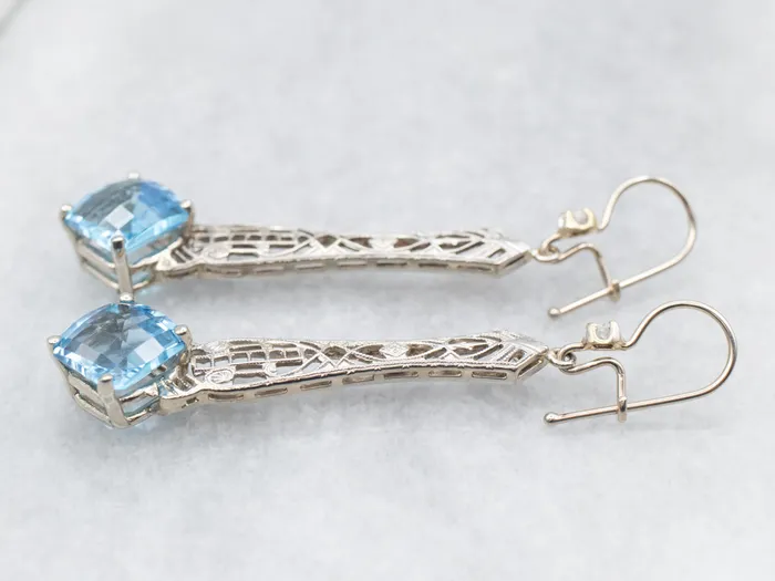 Market Square Jewelers Earrings White Gold Blue Topaz Filigree Drop Earrings with Diamond Accent Market Square Jewelers Earrings White Gold Blue Topaz Filigree Drop Earrings with Diamond Accent