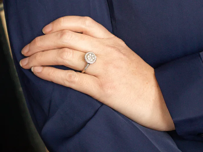 Market Square Jewelers Modern Diamond Engagement Ring with Floral Diamond Halo Rings