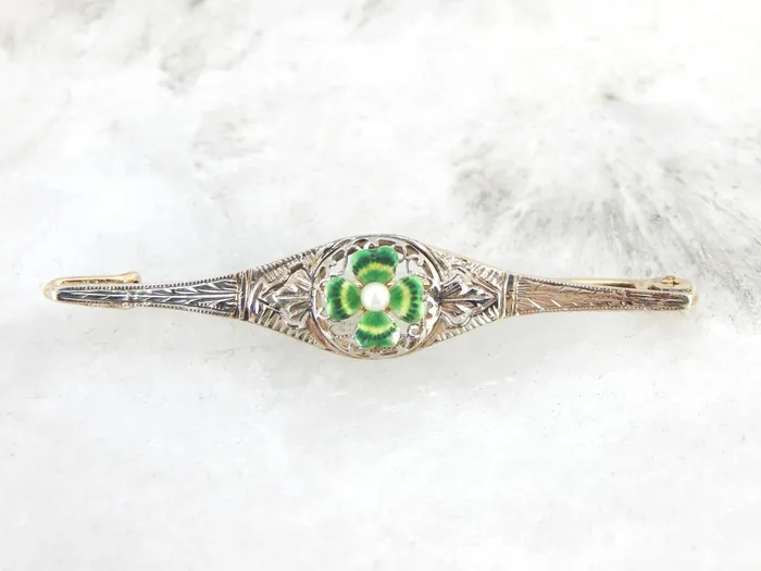 Market Square Jewelers Necklaces Antique Bar Pin with Art Nouveau Four Leaf Clover and Pearl Center Market Square Jewelers Necklaces Antique Bar Pin with Art Nouveau Four Leaf Clover and Pearl Center