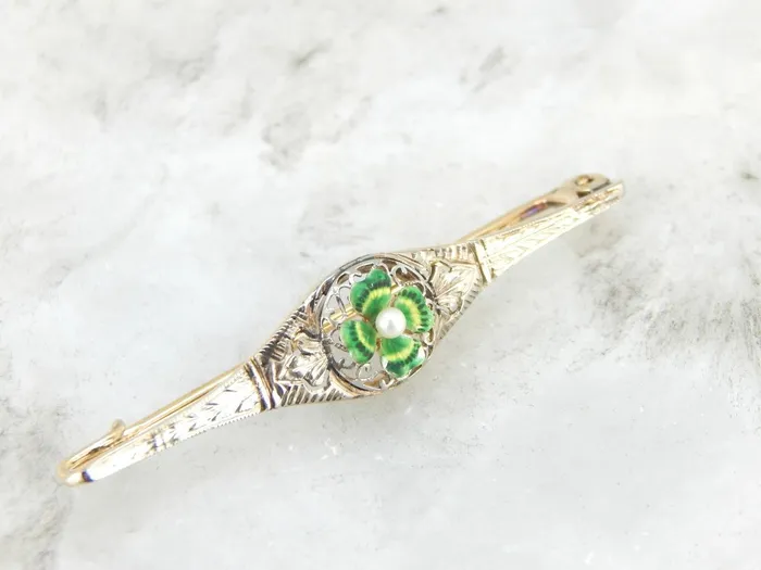 Market Square Jewelers Necklaces Antique Bar Pin with Art Nouveau Four Leaf Clover and Pearl Center Market Square Jewelers Necklaces Antique Bar Pin with Art Nouveau Four Leaf Clover and Pearl Center