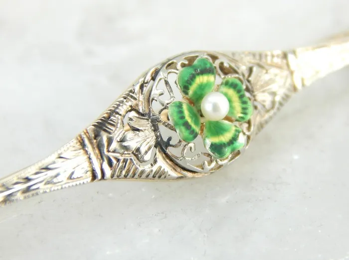 Market Square Jewelers Necklaces Antique Bar Pin with Art Nouveau Four Leaf Clover and Pearl Center Market Square Jewelers Necklaces Antique Bar Pin with Art Nouveau Four Leaf Clover and Pearl Center