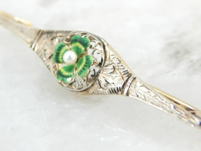 Market Square Jewelers Necklaces Antique Bar Pin with Art Nouveau Four Leaf Clover and Pearl Center Market Square Jewelers Necklaces Antique Bar Pin with Art Nouveau Four Leaf Clover and Pearl Center