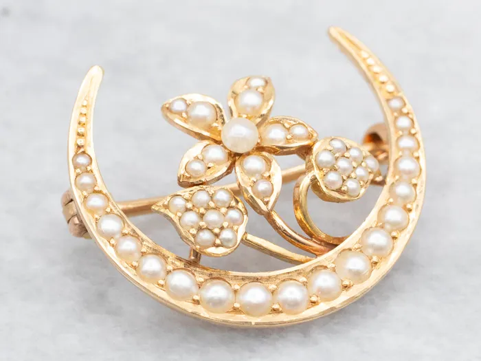 Market Square Jewelers Necklaces Art Nouveau Seed Pearl Moon and Flower Brooch Market Square Jewelers Necklaces Art Nouveau Seed Pearl Moon and Flower Brooch