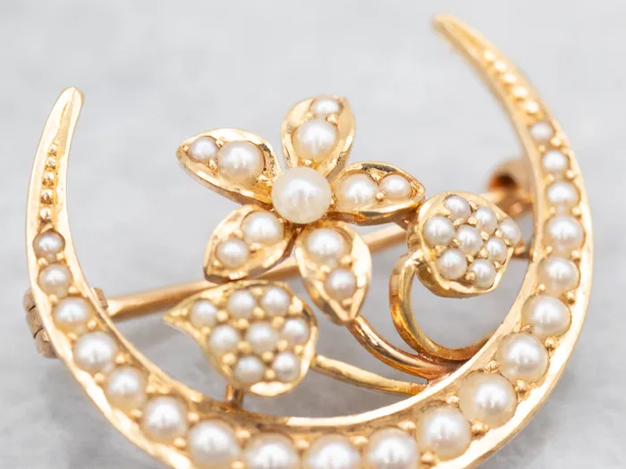 Market Square Jewelers Necklaces Art Nouveau Seed Pearl Moon and Flower Brooch
