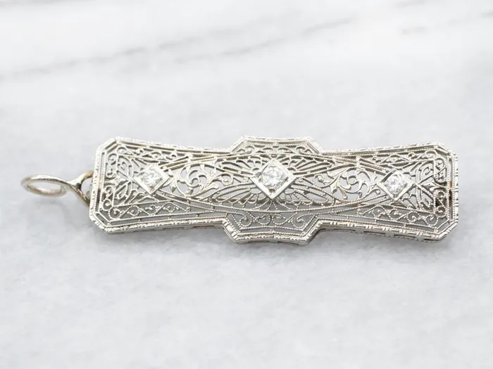 Market Square Jewelers Necklaces White Gold Art Deco European Cut Diamond Filigree Brooch or Pendant Market Square Jewelers Necklaces White Gold Art Deco European Cut Diamond Filigree Brooch or Pendant
