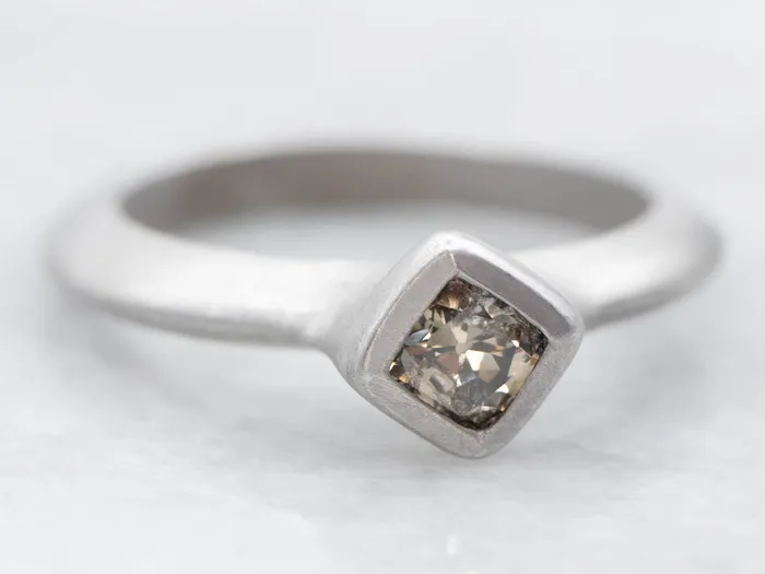 Market Square Jewelers Rings Matte White Gold Bezel Set Square Cut Champagne Diamond Solitaire Ring
