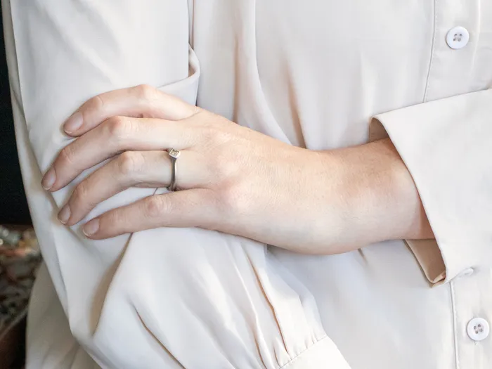 Market Square Jewelers Rings Matte White Gold Bezel Set Square Cut Champagne Diamond Solitaire Ring
