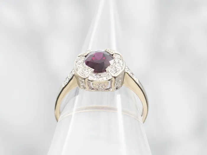 Market Square Jewelers Rings Modern Rhodolite Garnet and Diamond Halo Ring
