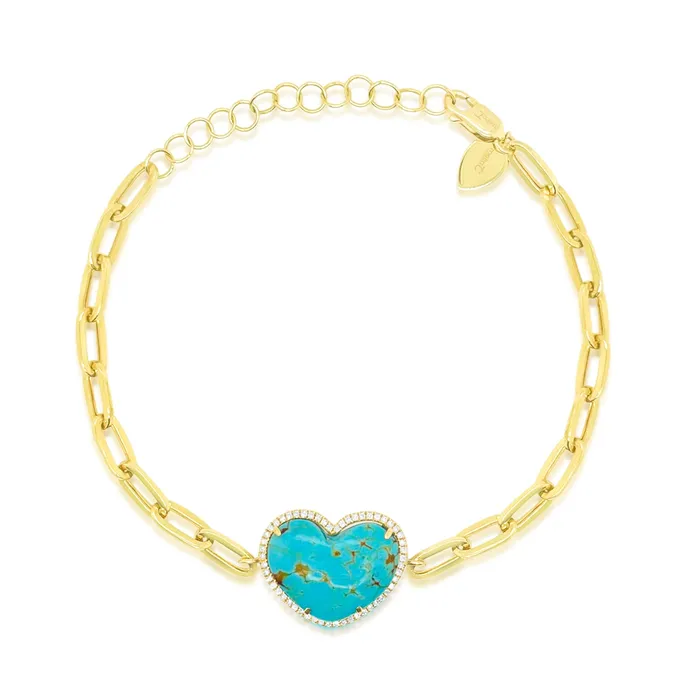 Meira T Bracelets 14kt Yellow Gold Diamond Heart Turquoise Paperclip Bracelet Meira T Bracelets 14kt Yellow Gold Diamond Heart Turquoise Paperclip Bracelet