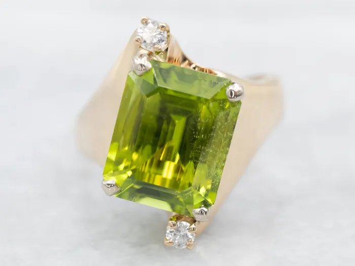 Modernist Peridot and Diamond Cocktail Ring Market Square Jewelers Rings