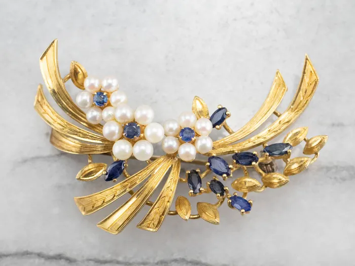 MSJ Online Vintage Gold Marquise Sapphire and Pearl Brooch Earrings