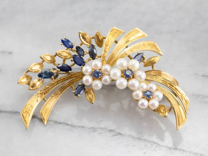 MSJ Online Vintage Gold Marquise Sapphire and Pearl Brooch Earrings MSJ Online Vintage Gold Marquise Sapphire and Pearl Brooch Earrings
