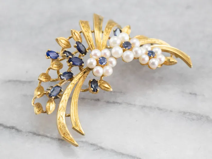 MSJ Online Vintage Gold Marquise Sapphire and Pearl Brooch Earrings MSJ Online Vintage Gold Marquise Sapphire and Pearl Brooch Earrings