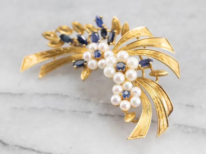 MSJ Online Vintage Gold Marquise Sapphire and Pearl Brooch Earrings MSJ Online Vintage Gold Marquise Sapphire and Pearl Brooch Earrings