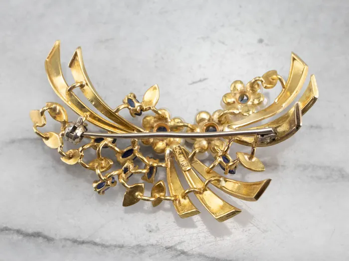 MSJ Online Vintage Gold Marquise Sapphire and Pearl Brooch Earrings MSJ Online Vintage Gold Marquise Sapphire and Pearl Brooch Earrings